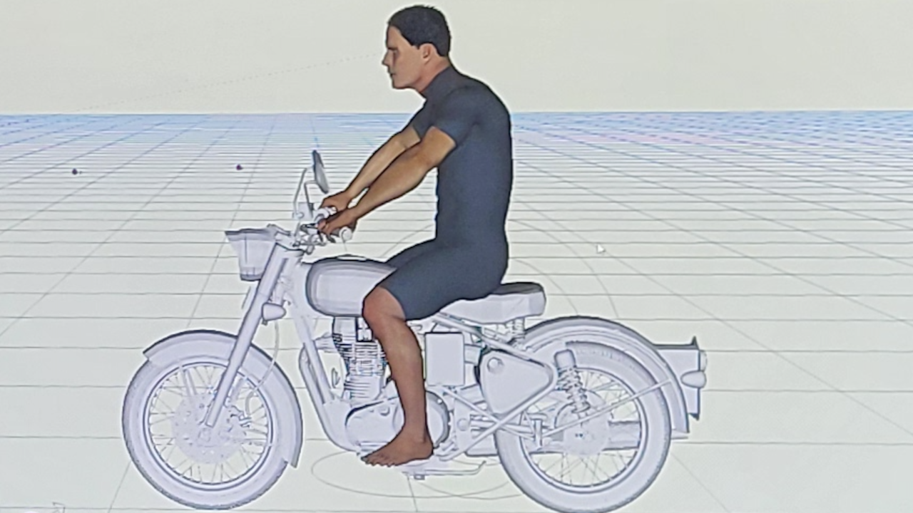 Digital human model being used to analyze the posture of a motorcycle rider.