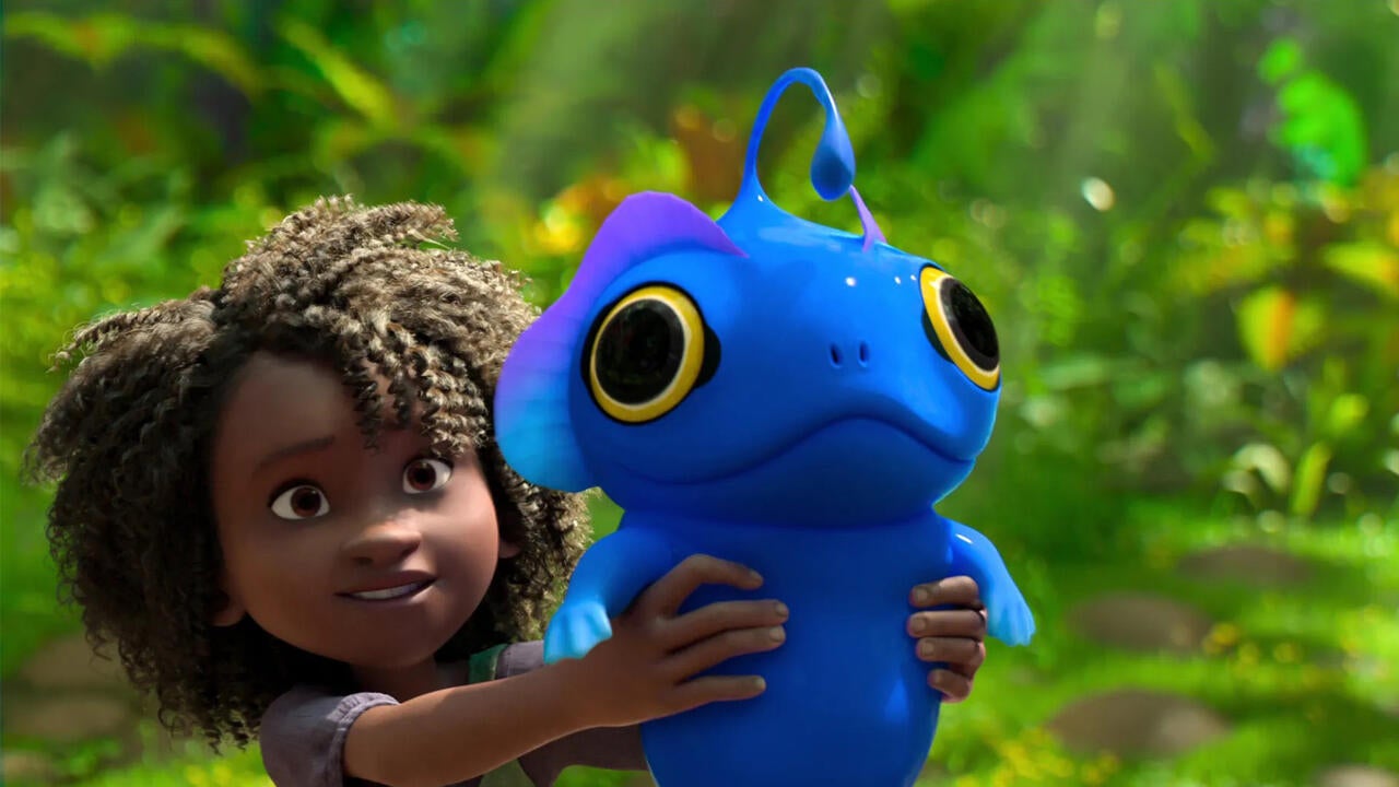 Still from animated film with title Black girl holding a blue creature
