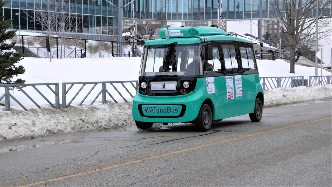 WATonoBus, a self-driving shuttle, during testing at the University of Waterloo.