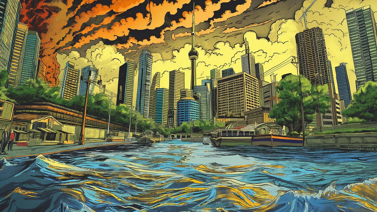 A comic book style rendering of a flooded Toronto