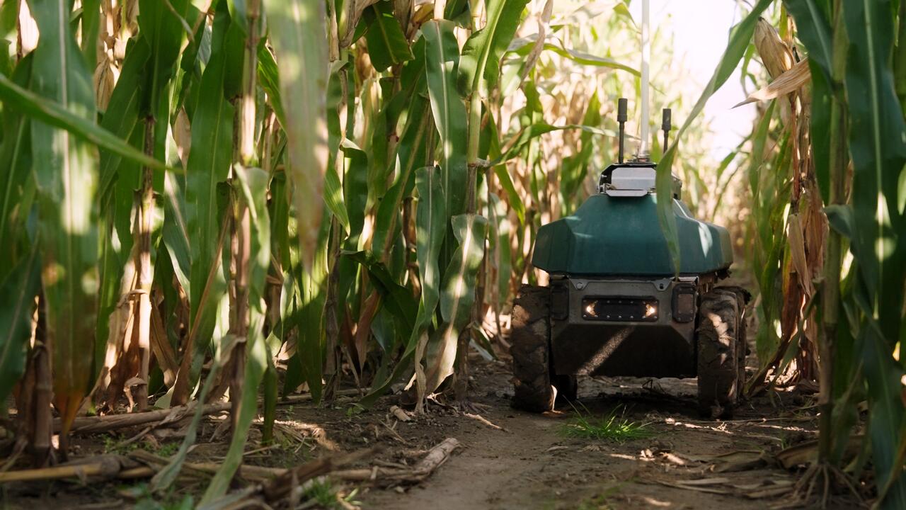 Four-wheeled robot goes down a row within a farmer's field