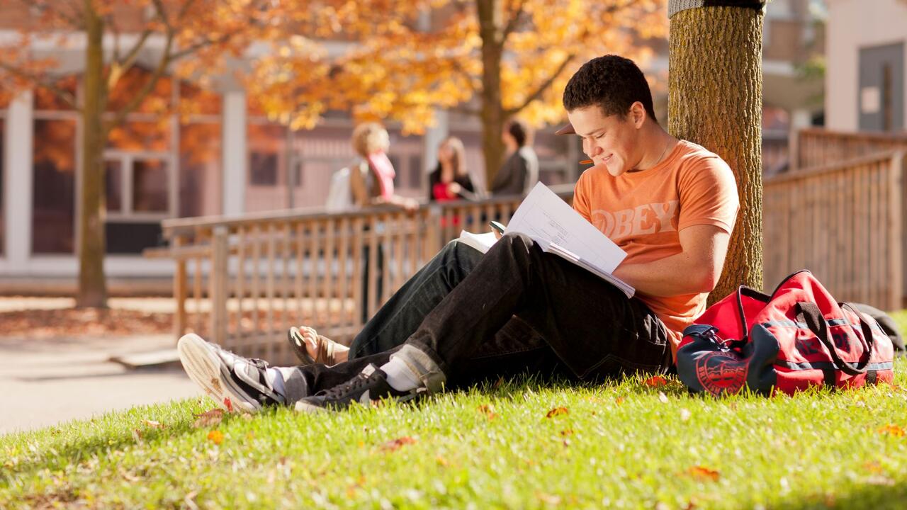 A student studies outside on a fall day at the University of Waterloo.