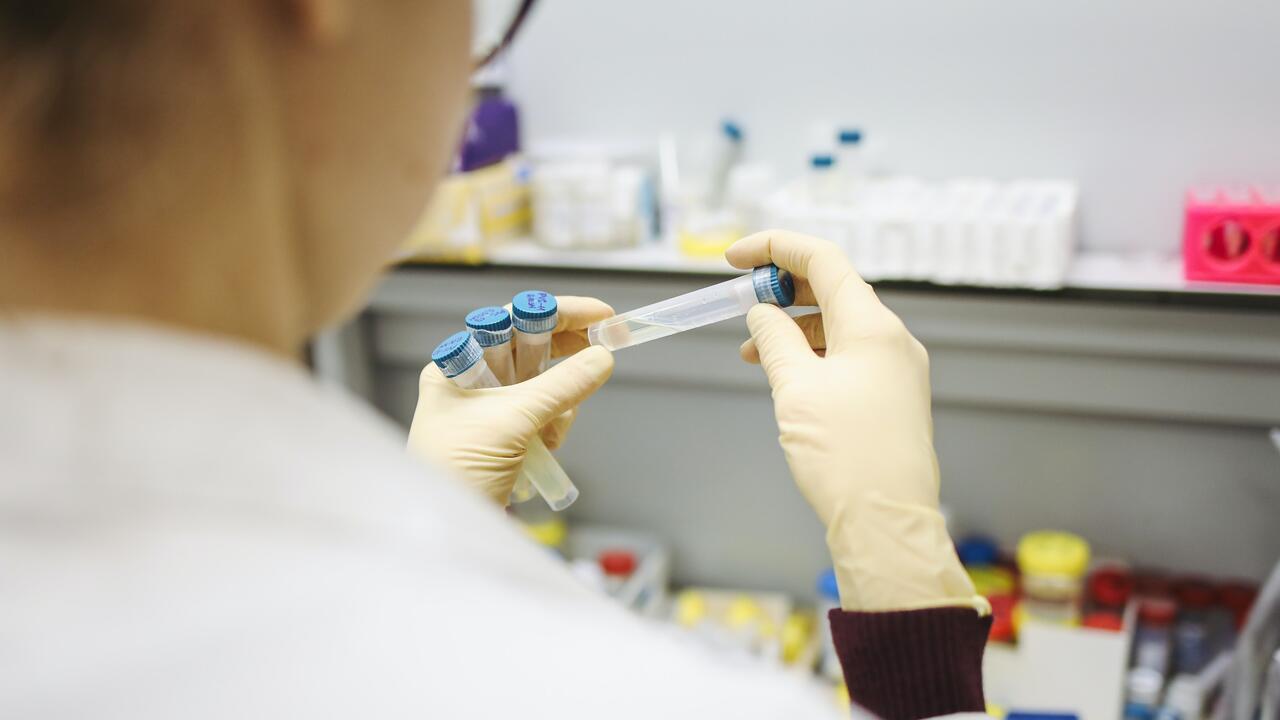 Scientist in lab examining test tubes