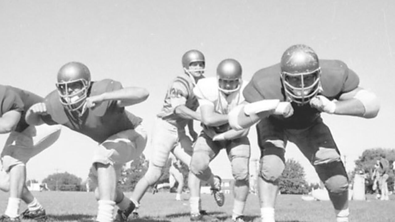 Warriors football team at practice, circa 1967