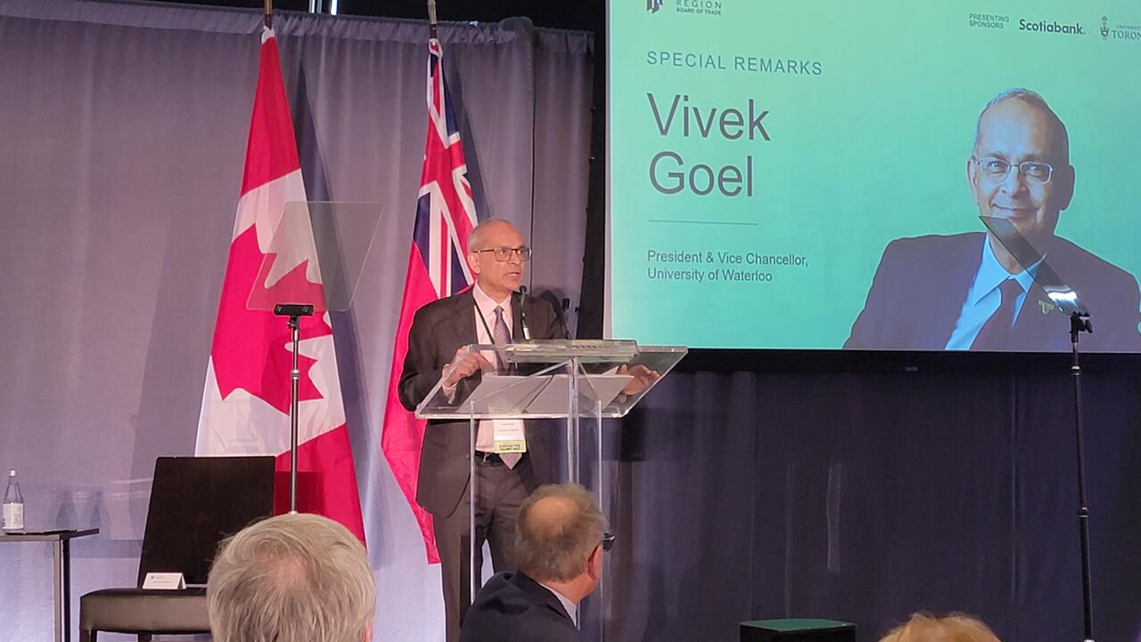 President Goel at podium speaking at the Toronto Board of Trade Workforce Summit