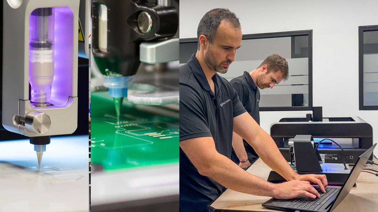 Photo collage of Voltera's V-One and NOVA printers with Jesus Zozaya and James Pickard in the lab