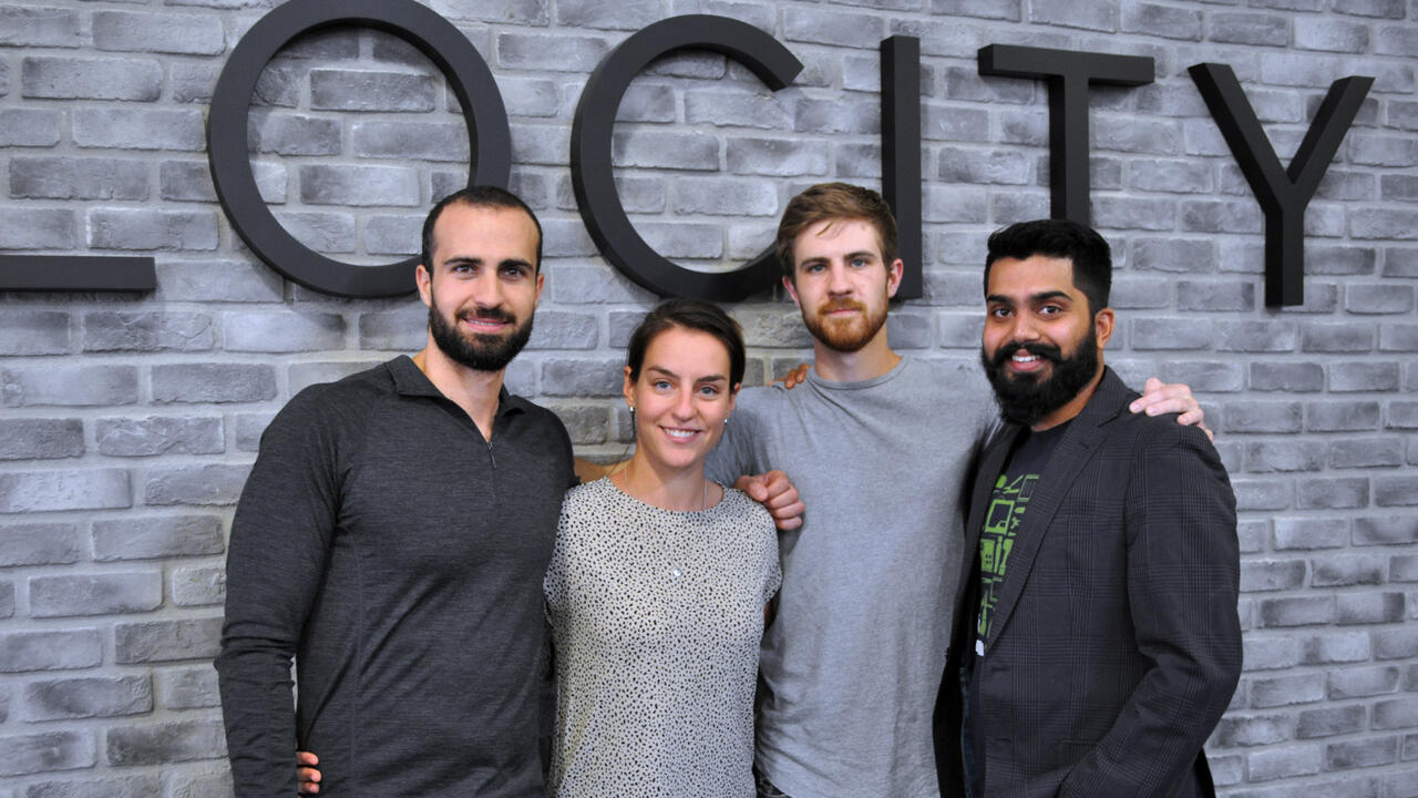 Voltera co-founder Alroy Almeida (BASc ‘13) with three other co-founders