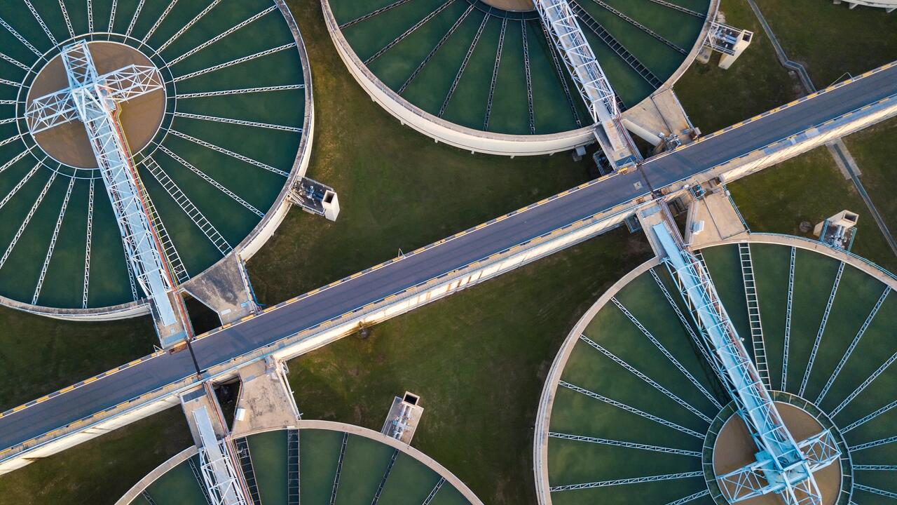 Overhead view of a waster water treatment plant.