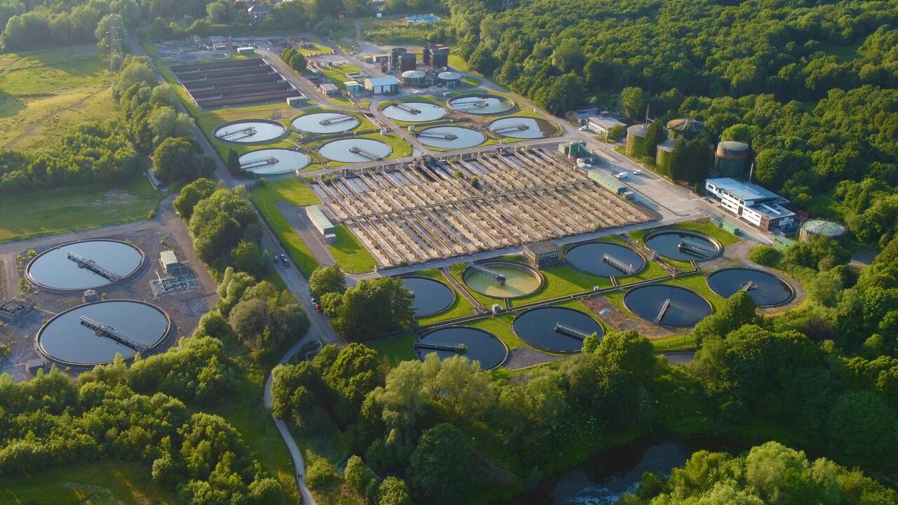 Aerial view of a water treatment plant.