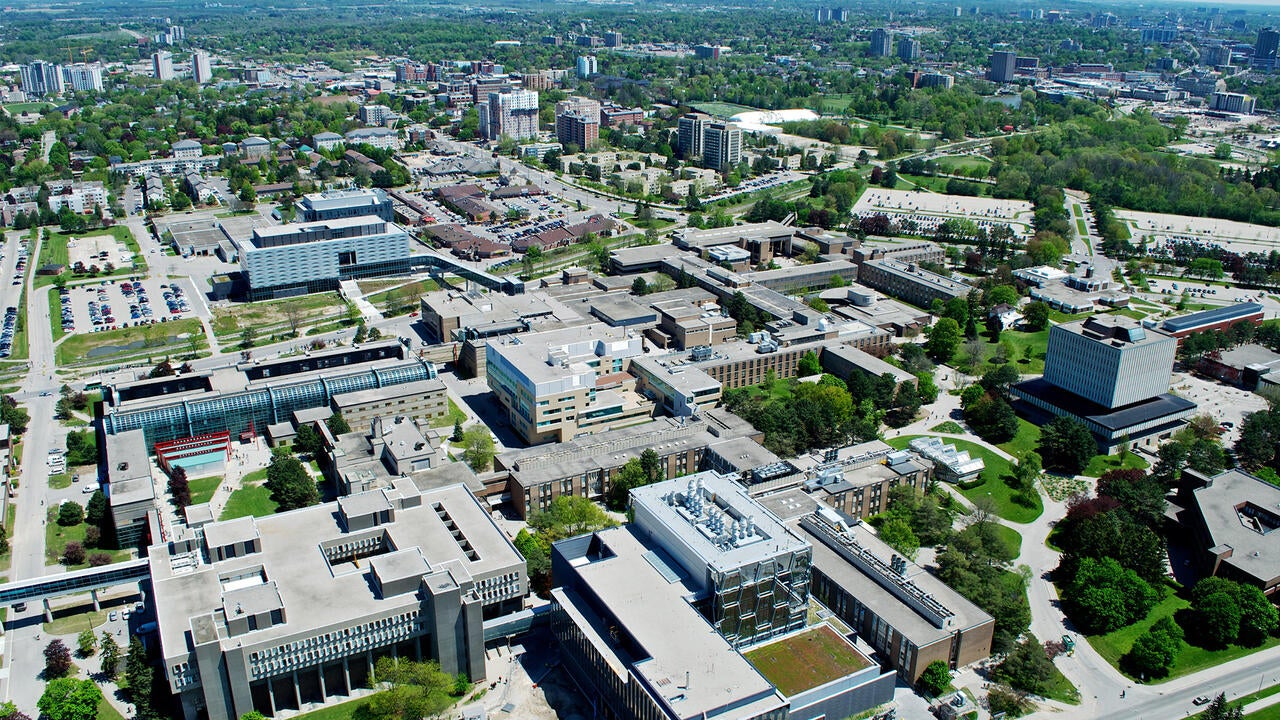 Aerial view of UWaterloo campus facing southeast