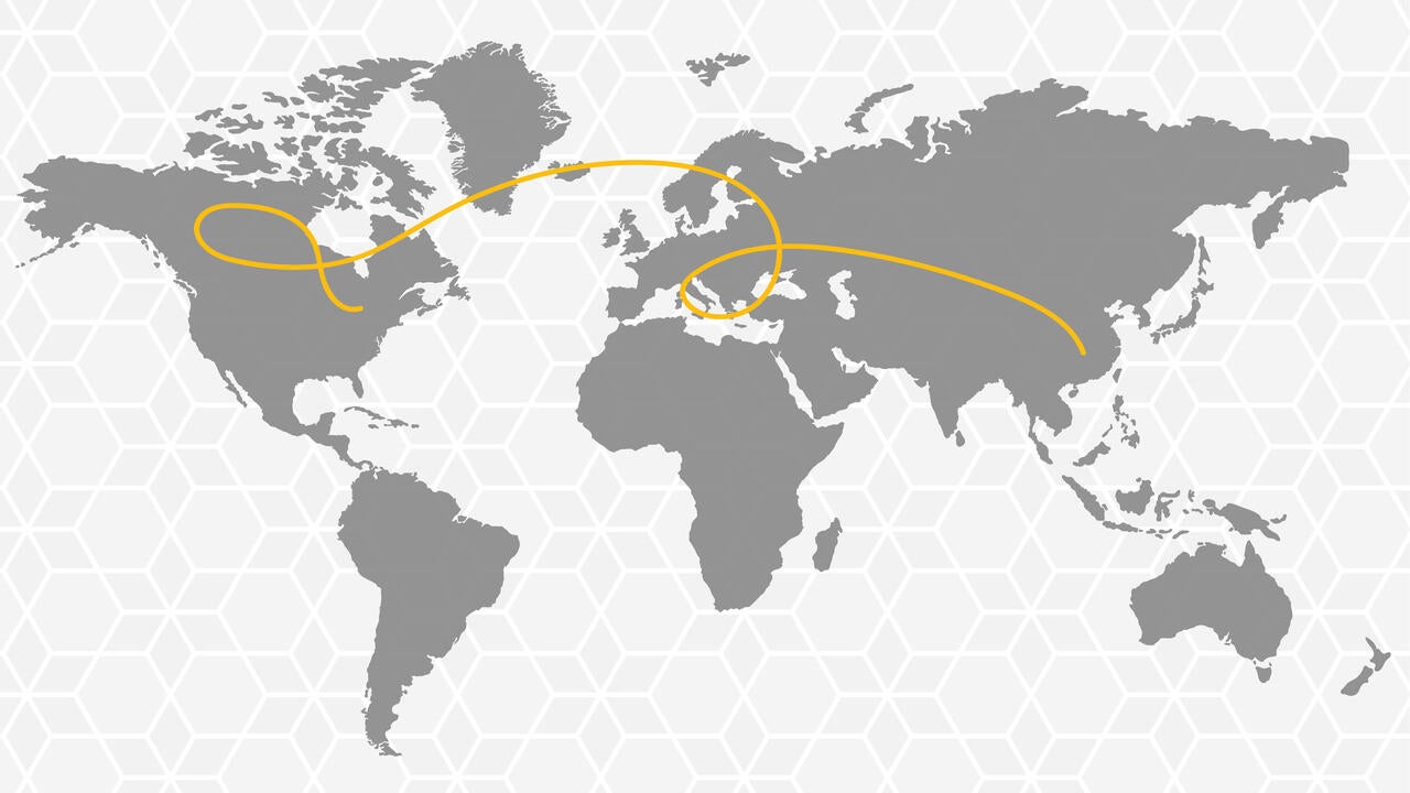 Global map with a golden thread connecting Waterloo and Wuhan