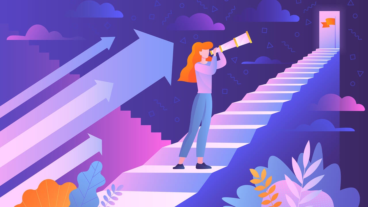 Illustrated student looking up at stairs and their goal