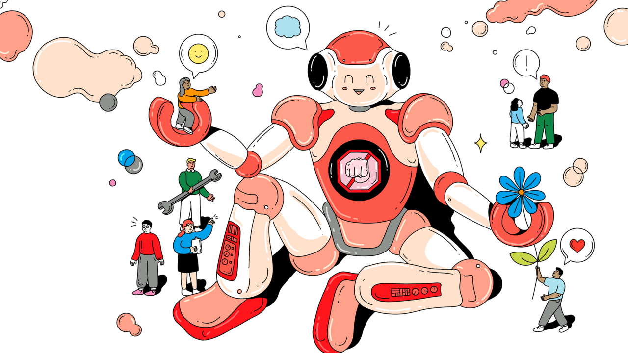 Illustration of a robot and people