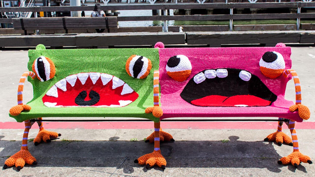 A bench wrapped in wool to appear like 2 monsters