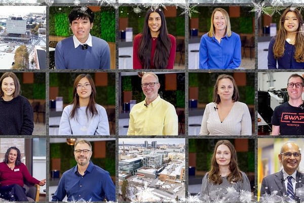Grid of photographs featuring students, faculty and staff smiling. 