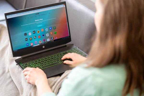 A lady sitting looking at a laptop screen