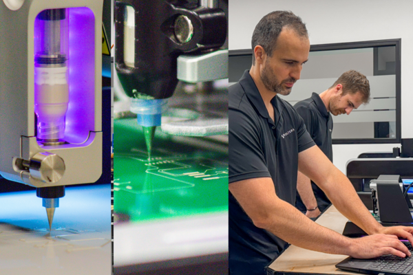 Photo collage of Voltera's V-One and NOVA printers with Jesus Zozaya and James Pickard in the lab