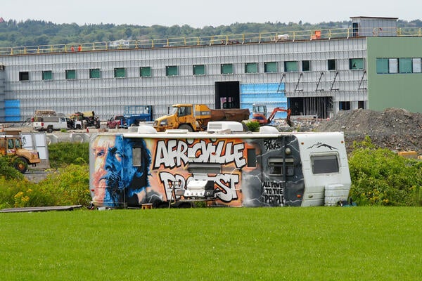 Old bus with graffiti paintings resting on a green lawn