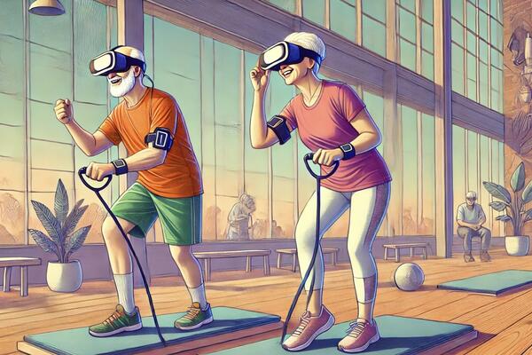 Illustration of senior couple wearing virtual reality headsets and actively walking