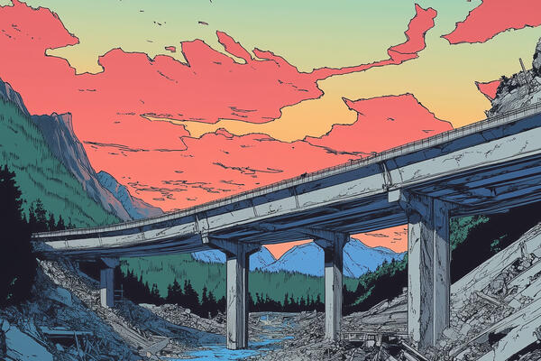 a comic book illustration of a bridge and Canadian mountains