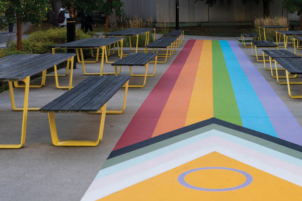 A painted walkway with the inclusive Pride flag