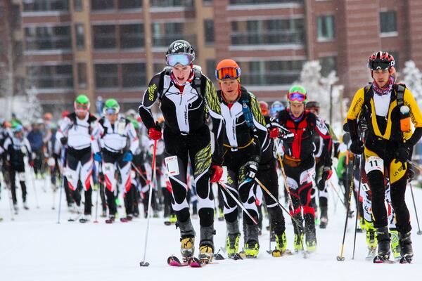 group of skiers racing