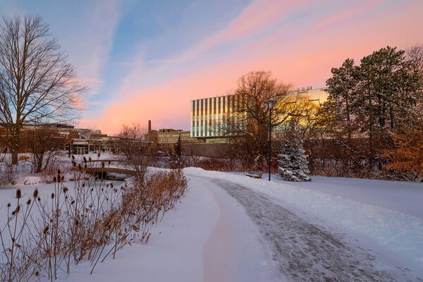 University of Waterloo campus on a snowy day with sunset
