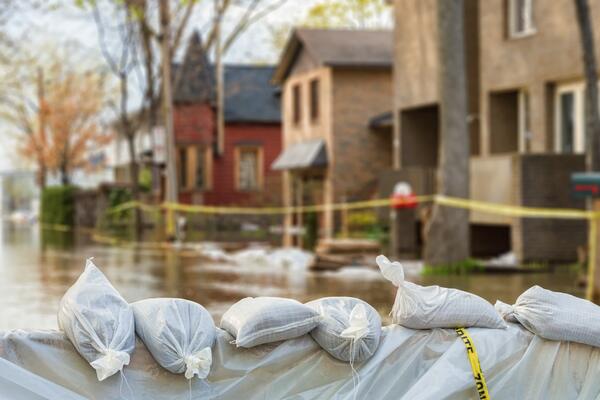 Flooded residential street with sandbags in foreground.