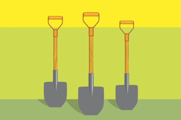 Illustration of three shovels with leaves growling from their handles