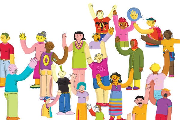 Illustration of people holding their hand up in colourful clothing