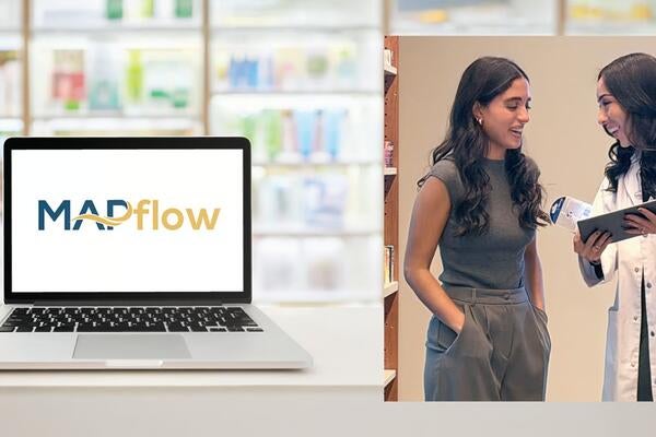 Photo collage of MAPflow's logo on a computer with Dr. Nardine Nakhla showing a colleague how to cross reference medicine 