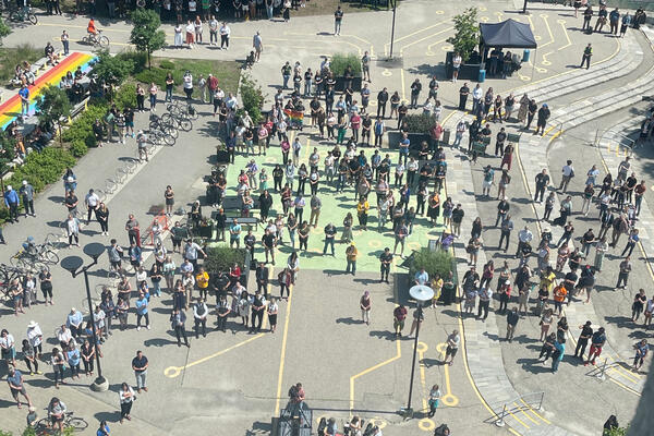 ariel photo of people gathering in the Arts Quad