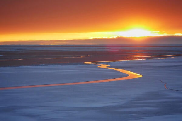 Open Lead through Sea Ice at Sunset, Southern Ocean, Antarctica