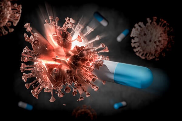 3D rendering of a capsule attacking a virus cell 