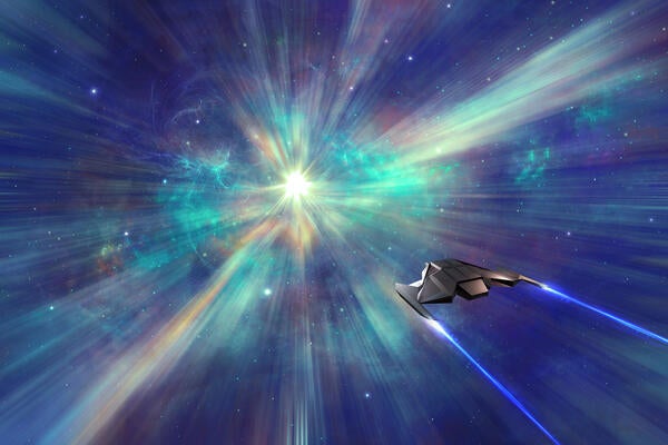 Spaceship fly through hyperspace in colourful nebula and star field