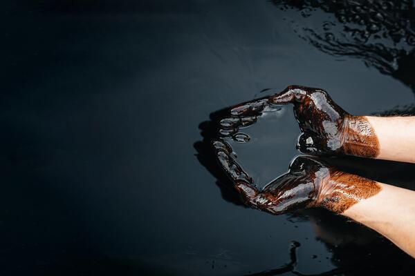 A person cupping an oil spill