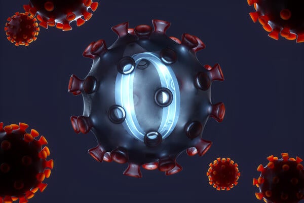 Digital generated image of semi transparent red COVID-19 cell with blue glowing omicron sign inside. 