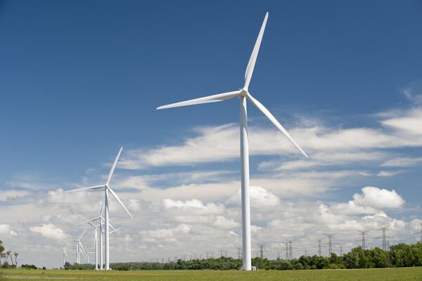 A cluster of wind turbines on the Bruce Peninsula generate power for use throughout Ontario, Canada.