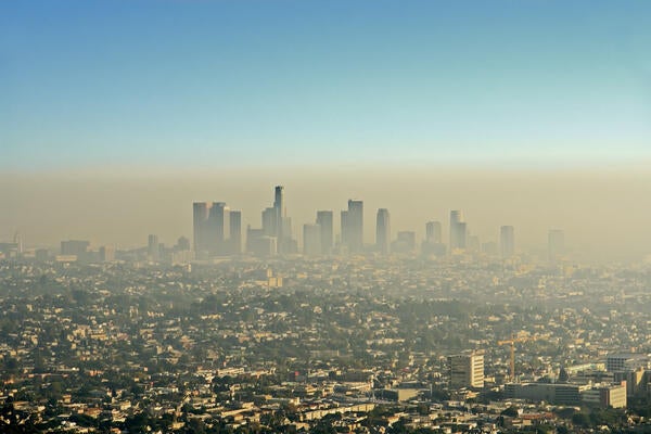 A smoggy view of the Los Angeles skyline