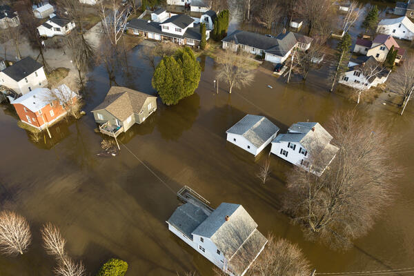 Many houses affected by the swelling Saint John River at Barker's Point, Fredericton, New Brunswick, Canada