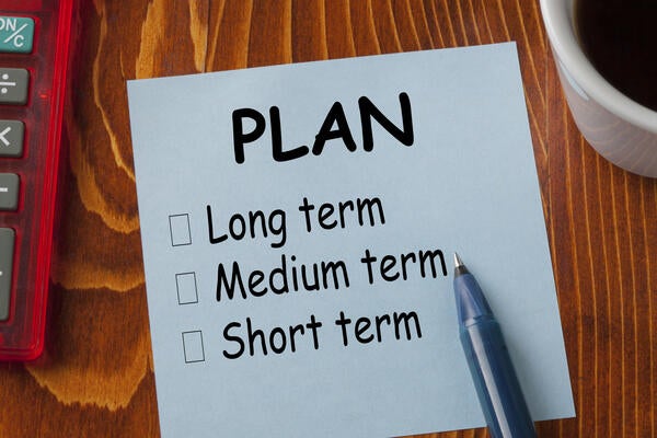 A paper on a table titled plan with checkbox for long term, medium term and short term
