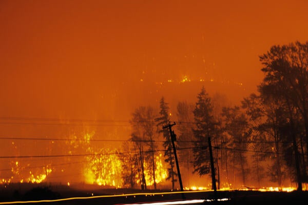 Forest fire at night in British Columbia, Canada