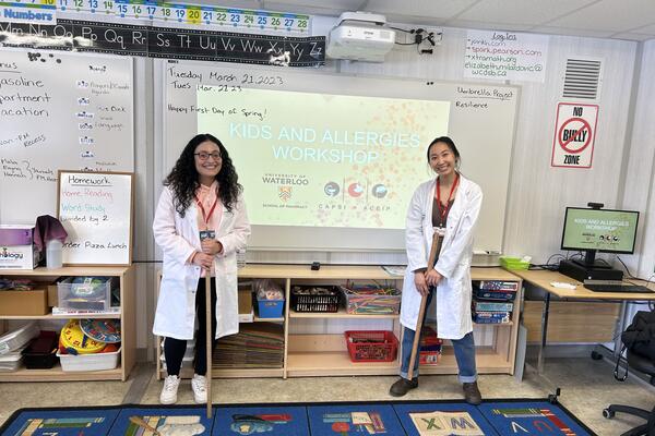 Waterloo Pharmacy students at a local elementary school presenting an allergies workshop during Pharmacy Appreciation Month 2023