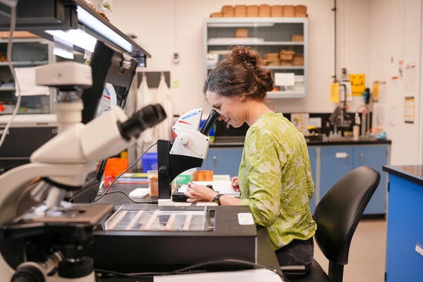 Julie Messier looking into a microscope in a biology lab at the University of Waterloo.