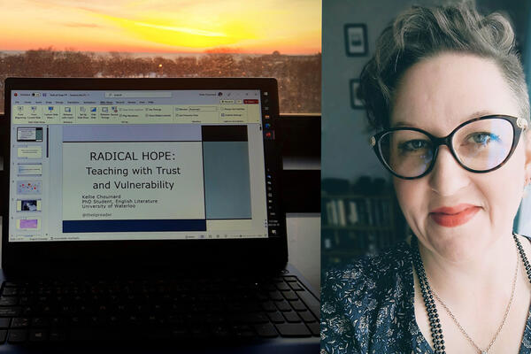 Kellie Chouinard next to her laptop with a presentation  says "Radical Hope: teaching with trust and vulnerability""