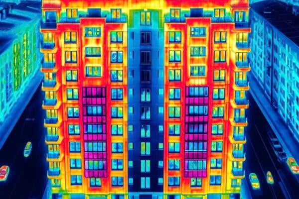 The image shows hot spots of heat loss detection from a multi-unit residential building using deep learning with bounding boxes.