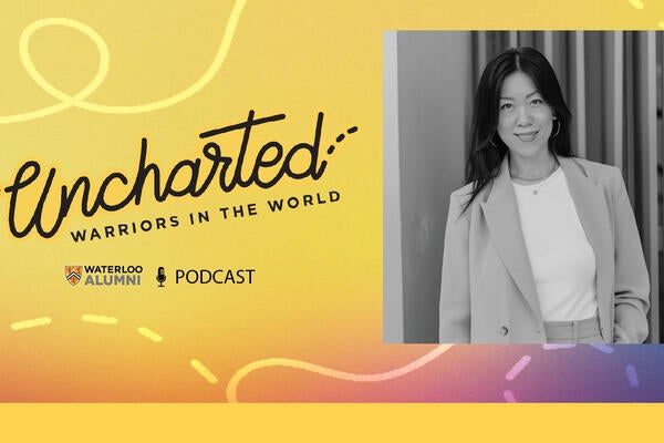 A photo of Michelle Li on a colourful background that says 'Uncharted, Warriors in the World'