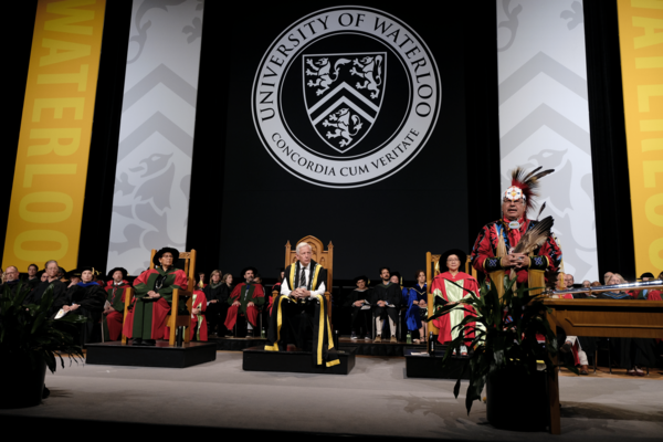 Waterloo's Chancellor and Elder Henry on stage at Fall 2023 Convocation