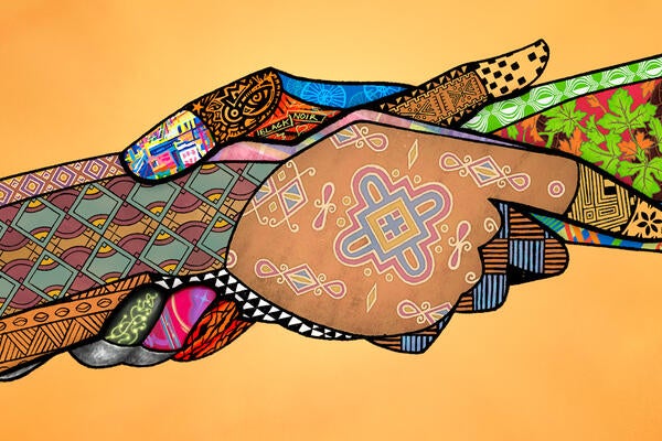 An illustration in the style of some African art, of two hands grasping each other