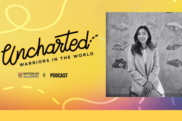 Alice Chu on a banner that says Uncharted, warriors in the world